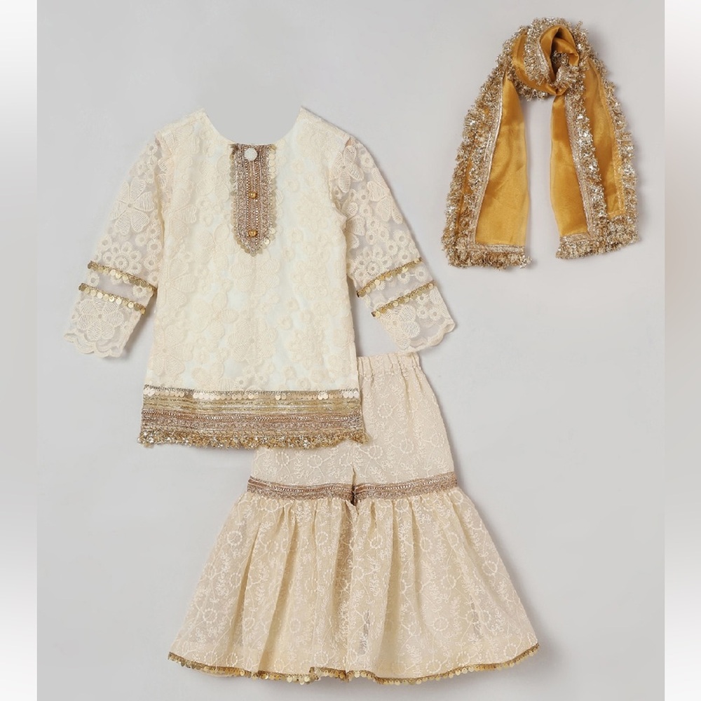Ivory Organza Embroidered Floral Sequin Placket Kurta kids Sharara Set